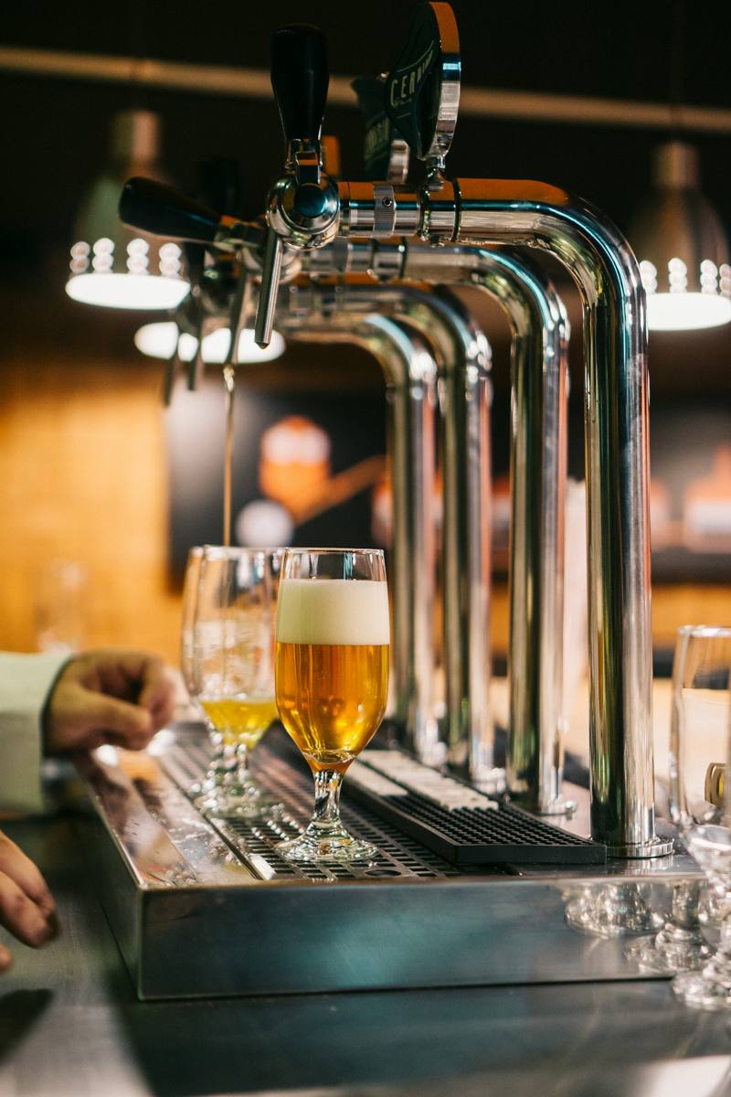 Bar staff pouring pints during service